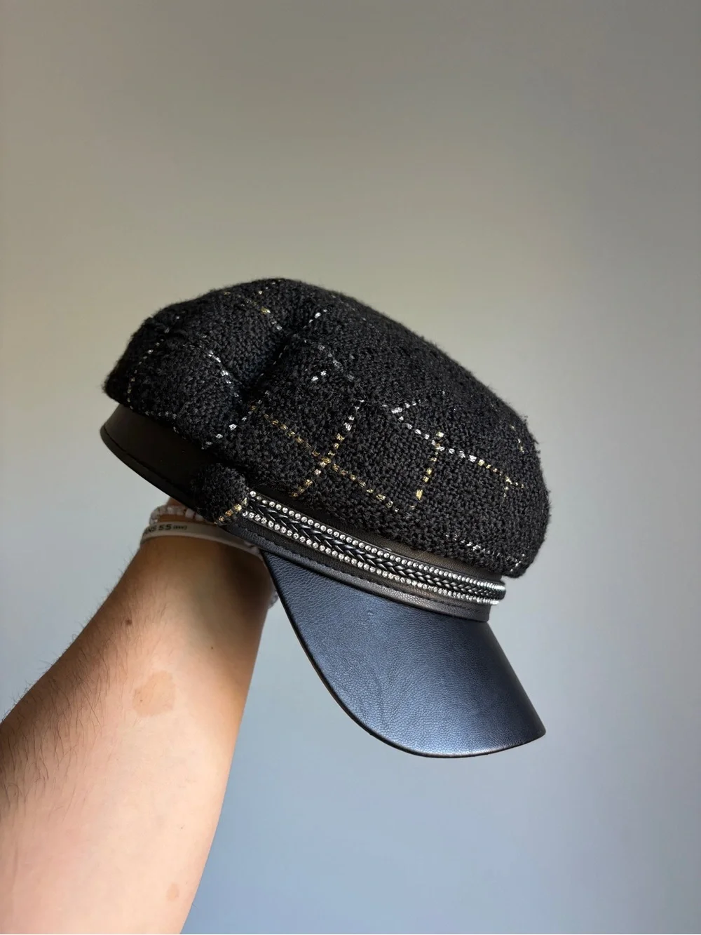 Y2K Juicy Couture Black Tweed Newsboy Cap with Faux Leather Visor